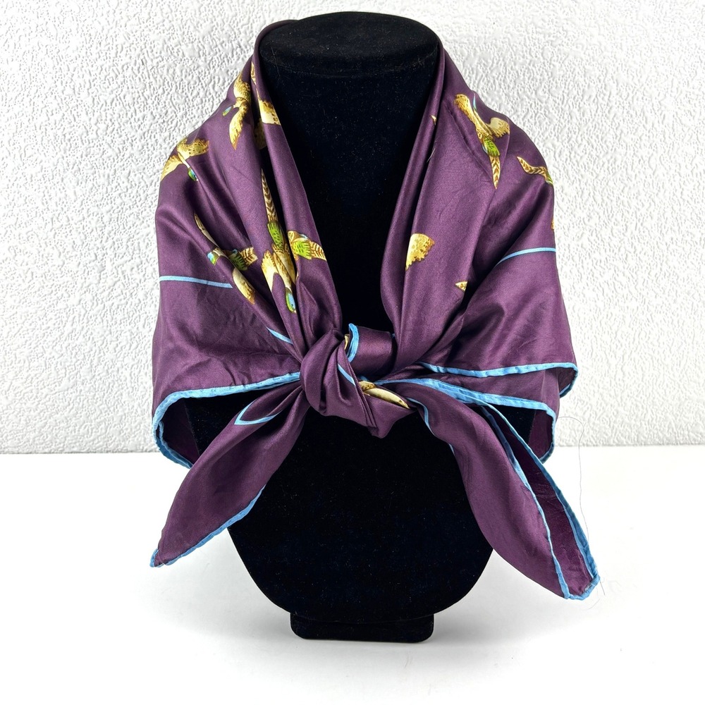 Silk Scarf Womens OS Purple Mallard Bird Print 26x28in Equestrian Pheasant Vtg